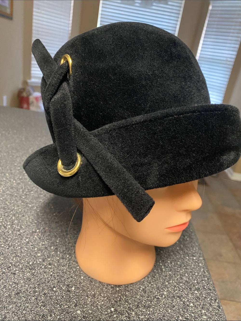 Vintage Jacki Brand Black Cloche Hat with Gold Ring Tie Accent